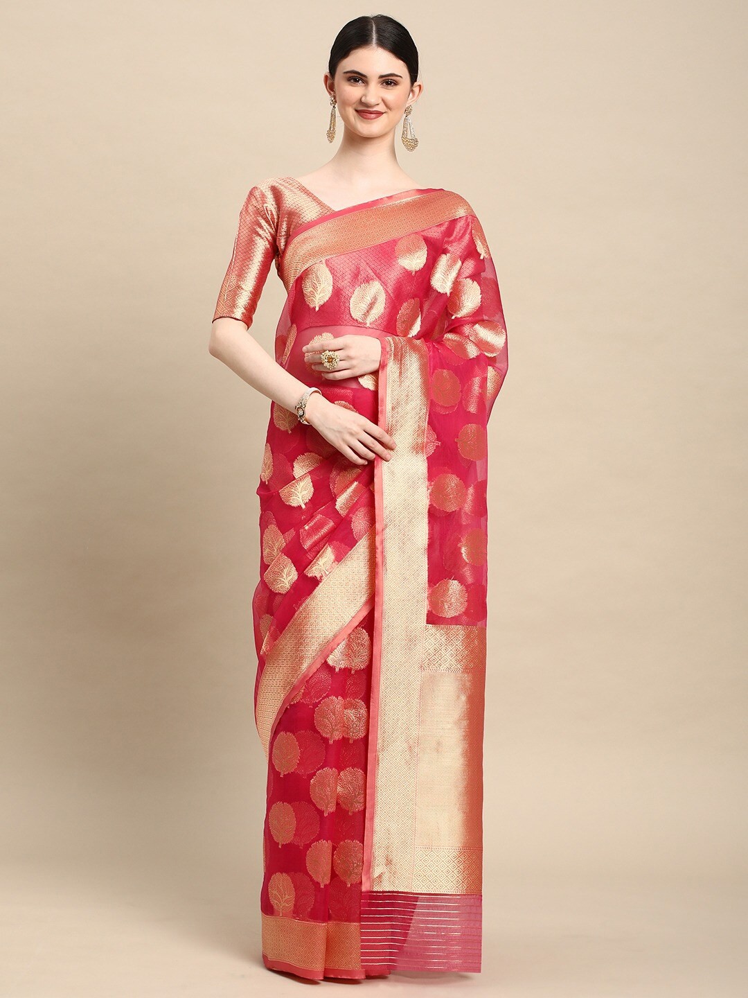 

all about you Ethnic Motif Zari Organza Banarasi Saree With Blouse Piece, Pink