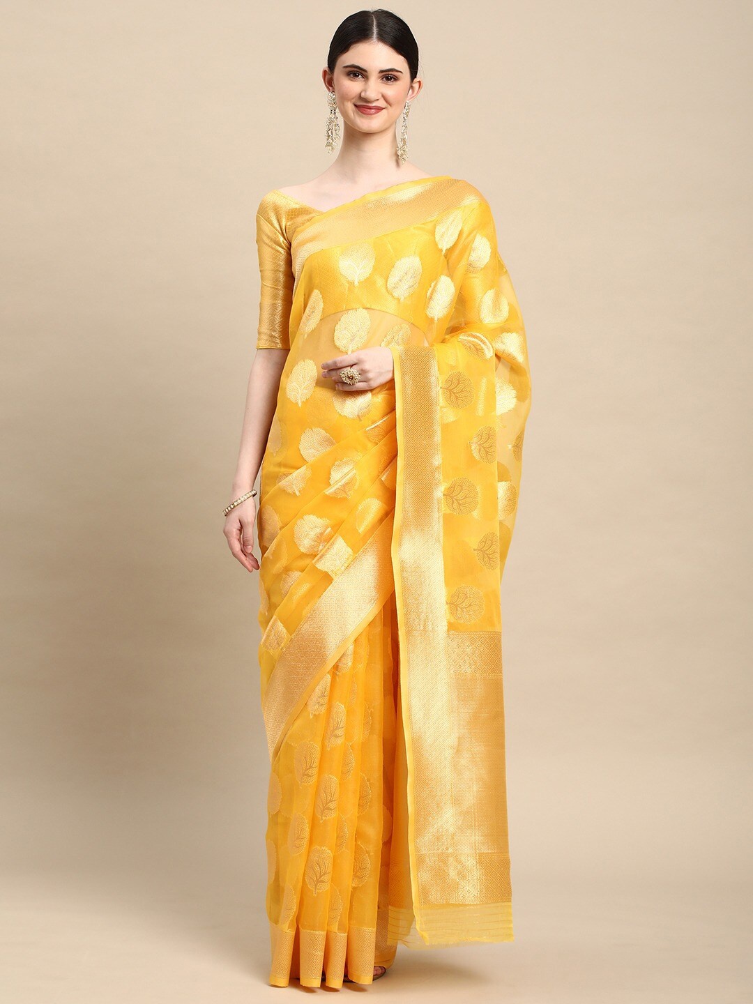 

all about you Ethnic Motif Zari Organza Banarasi Saree With Blouse Piece, Yellow