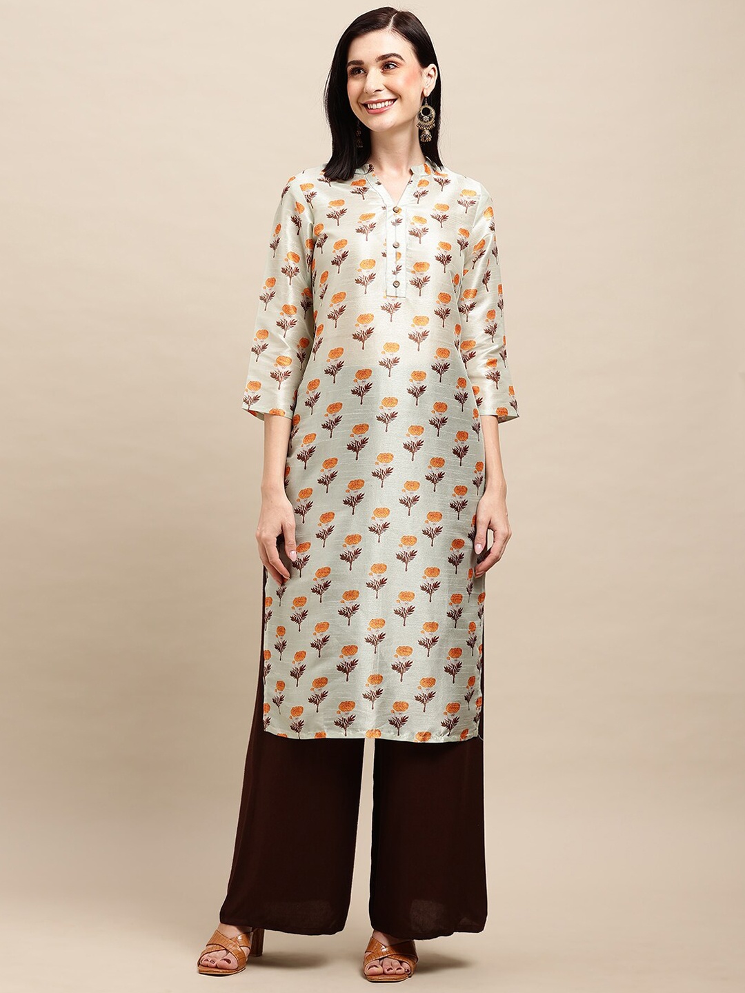 

Sangria Floral Printed Tussar Silk Straight Kurtas, Green