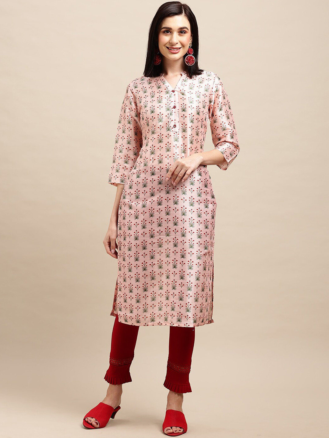 

Sangria Floral Printed Tussar Silk Straight Kurtas, Peach