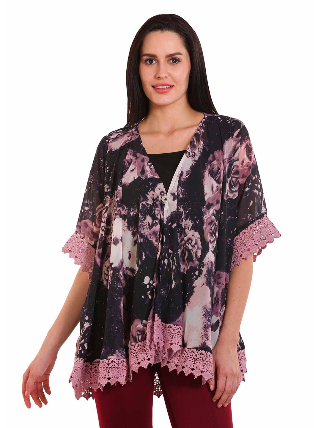 

Mustard Floral Printed Laced Inserts Button Shrug, Black