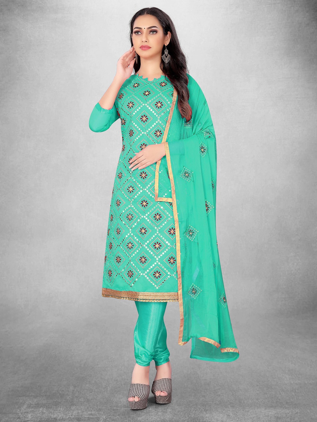 

KALINI Ethnic Motifs Embroidered Unstitched Dress Material, Green