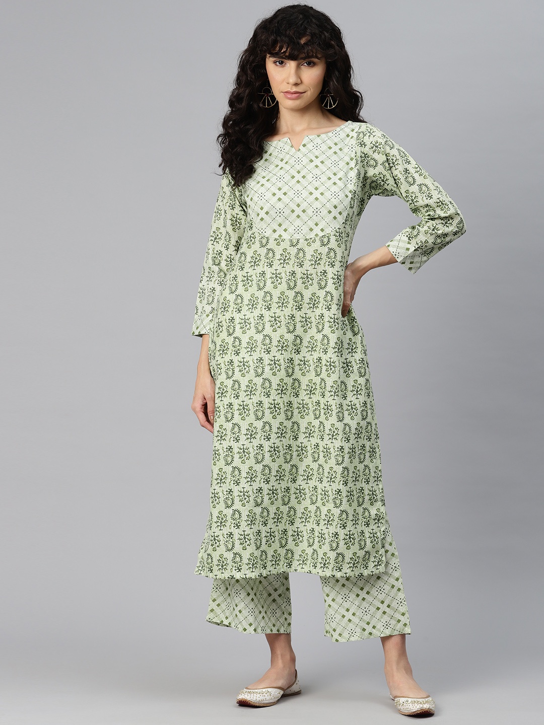 

Ives Women Ethnic Motifs Printed Kurta with Trousers, Green