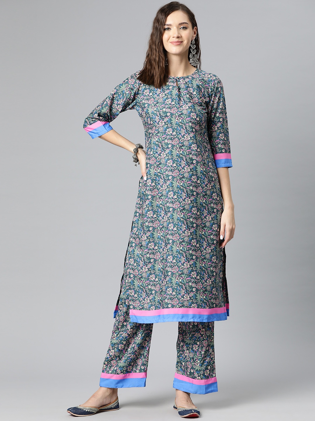 

Ives Women Floral Printed Kurta with Trousers, Teal