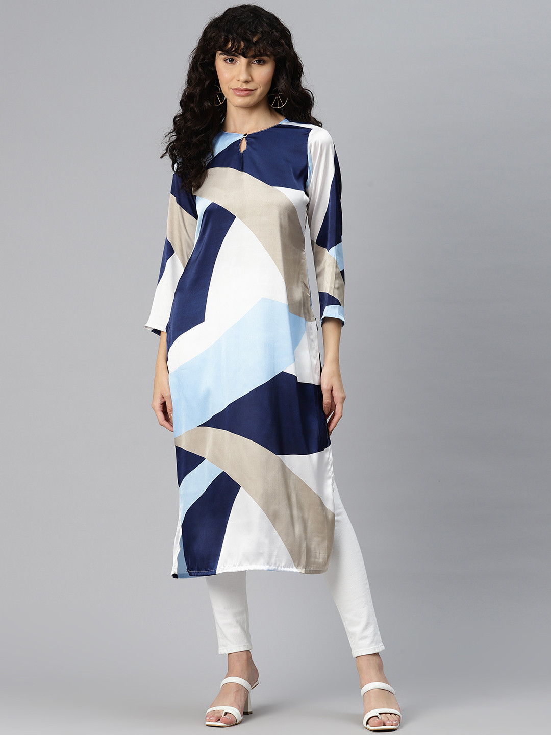 

Ives Women Geometric Printed Satin Kurta, Navy blue
