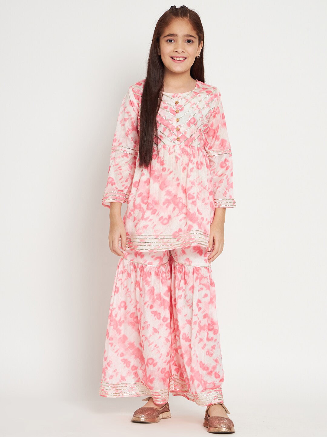 

Readiprint Infants Girls Dyed Empire Gotta Patti Silk Kurti With Sharara, Pink