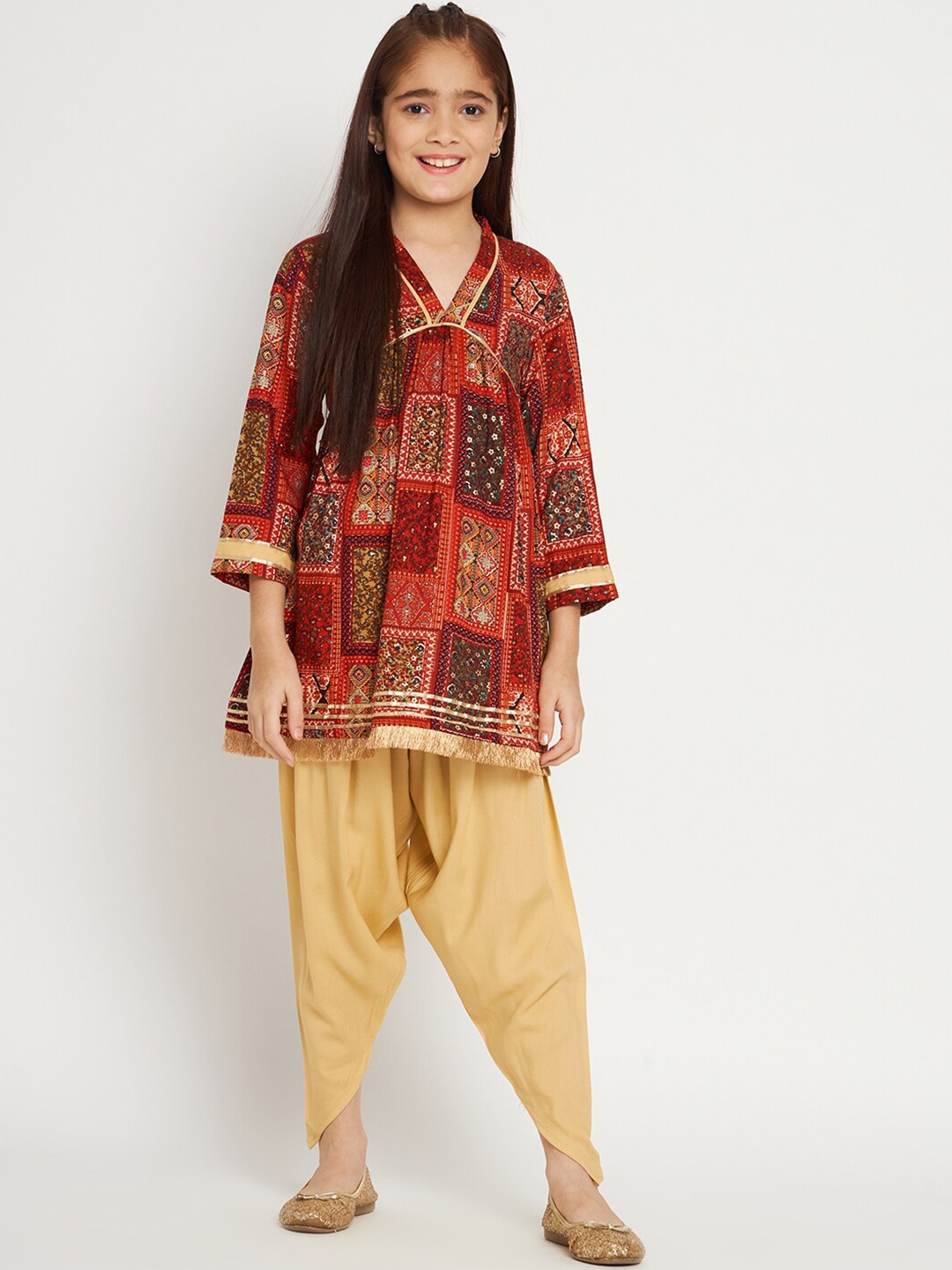 

Readiprint Girls Ethnic Motifs Printed Gotta Patti A-Line Kurti with Harem Pants, Red