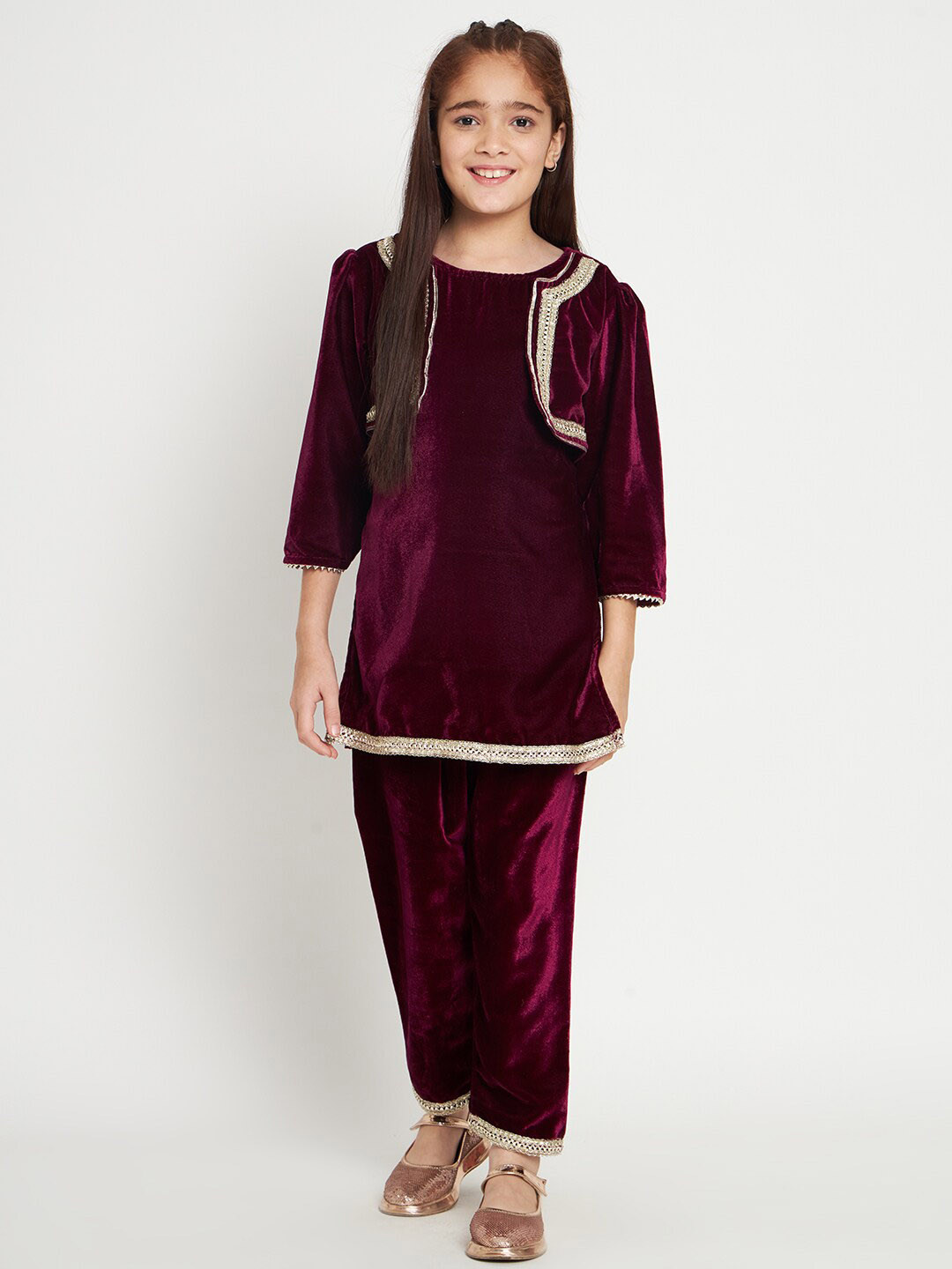 

Readiprint Fashions Girls Regular Gotta Patti Velvet Kurta With Salwar, Burgundy