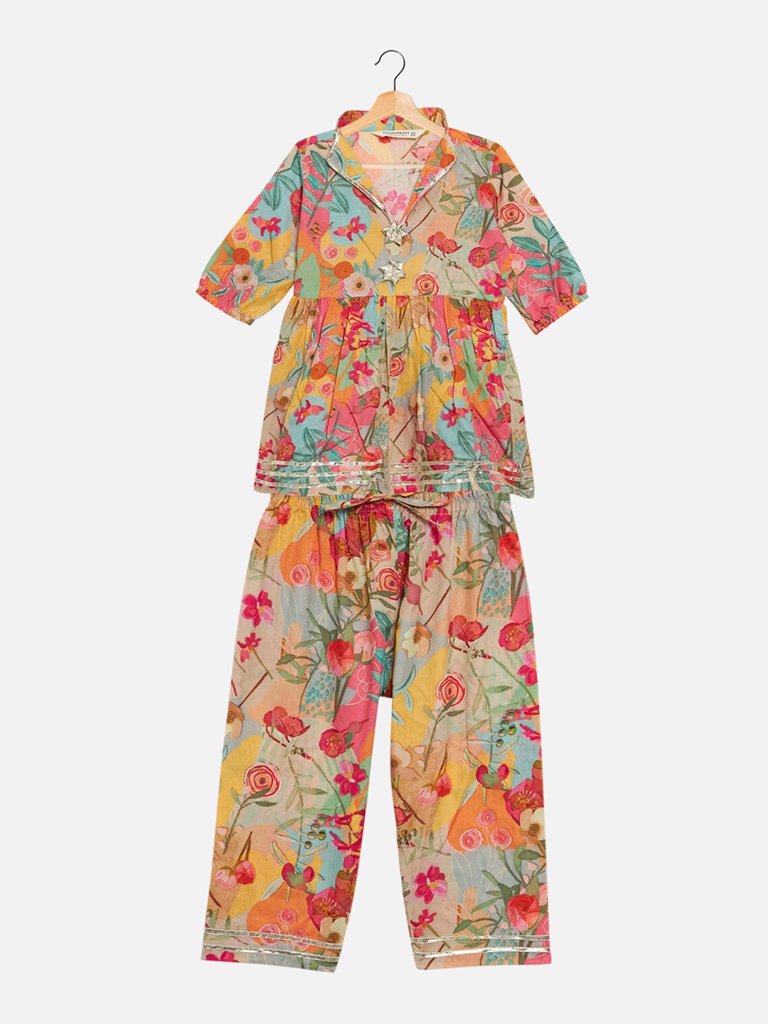 

Readiprint Fashions Girls Floral Printed Empire Gotta Patti Pure Cotton Kurti With Pyjamas, Blue