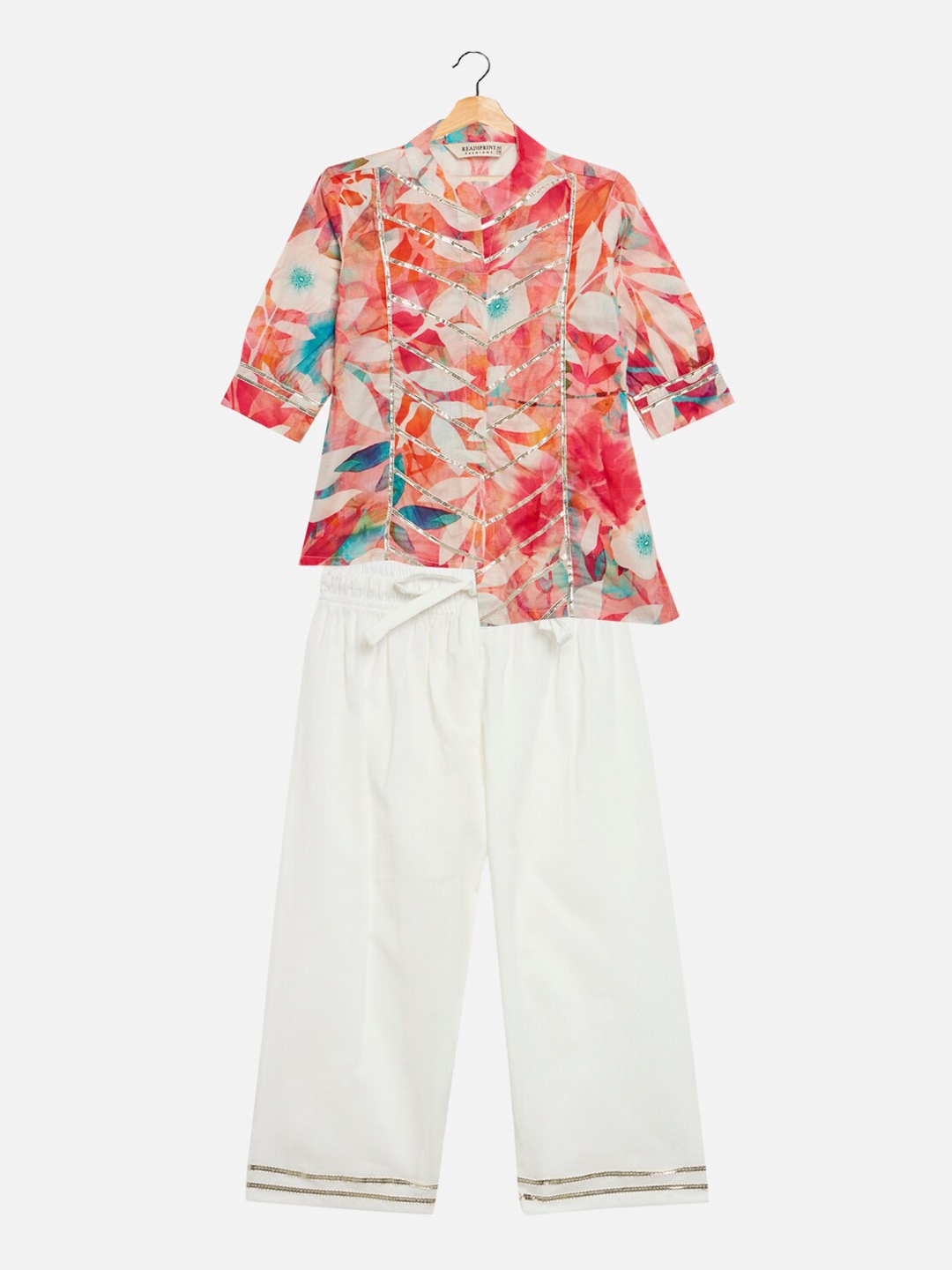 

Readiprint Girls Floral Printed Gotta Patti Pure Cotton Kurti With Pyjamas, Peach