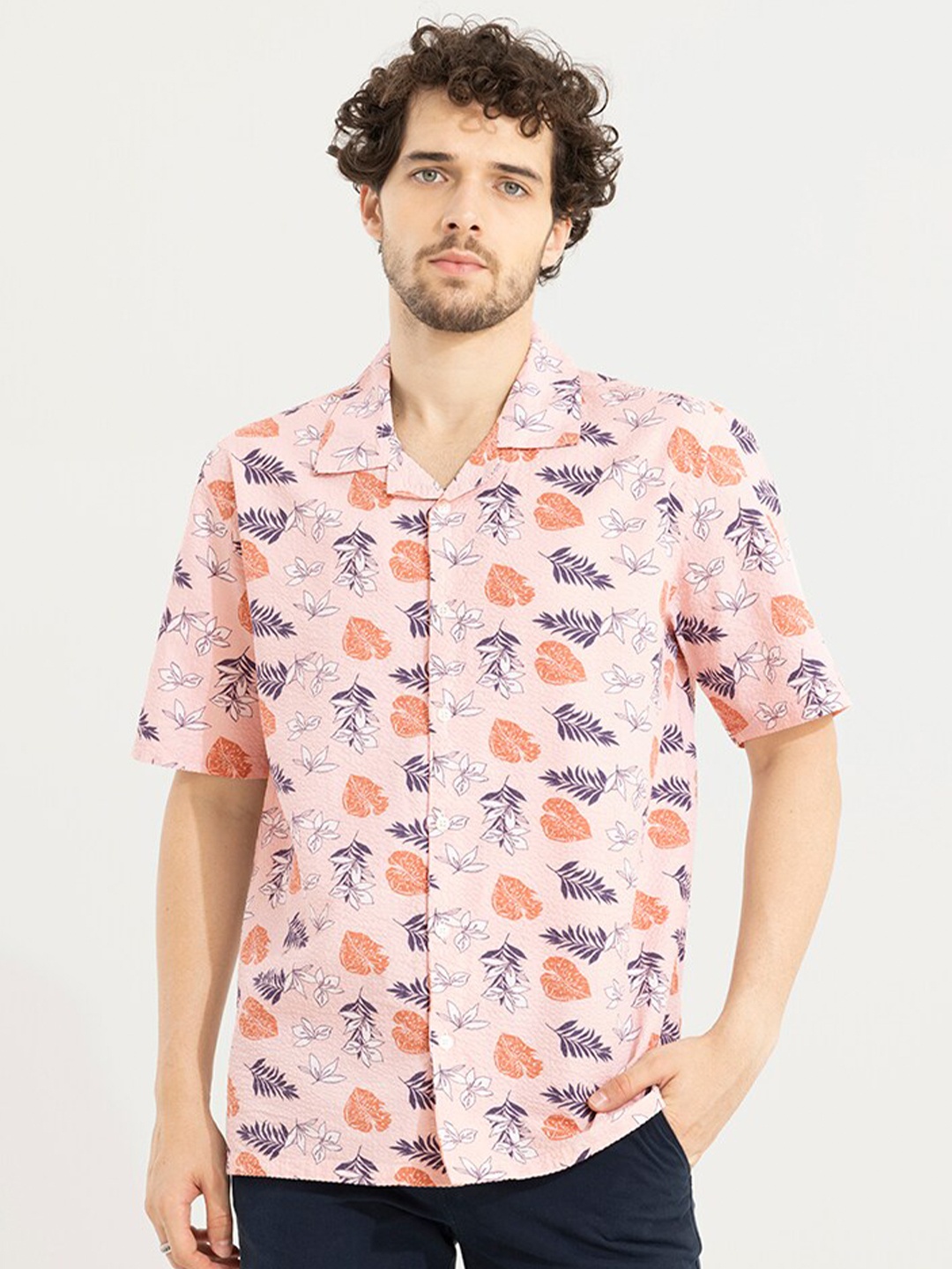 

Snitch Pink Classic Tropical Printed Cotton Seer Sucker Boxy Casual Shirt