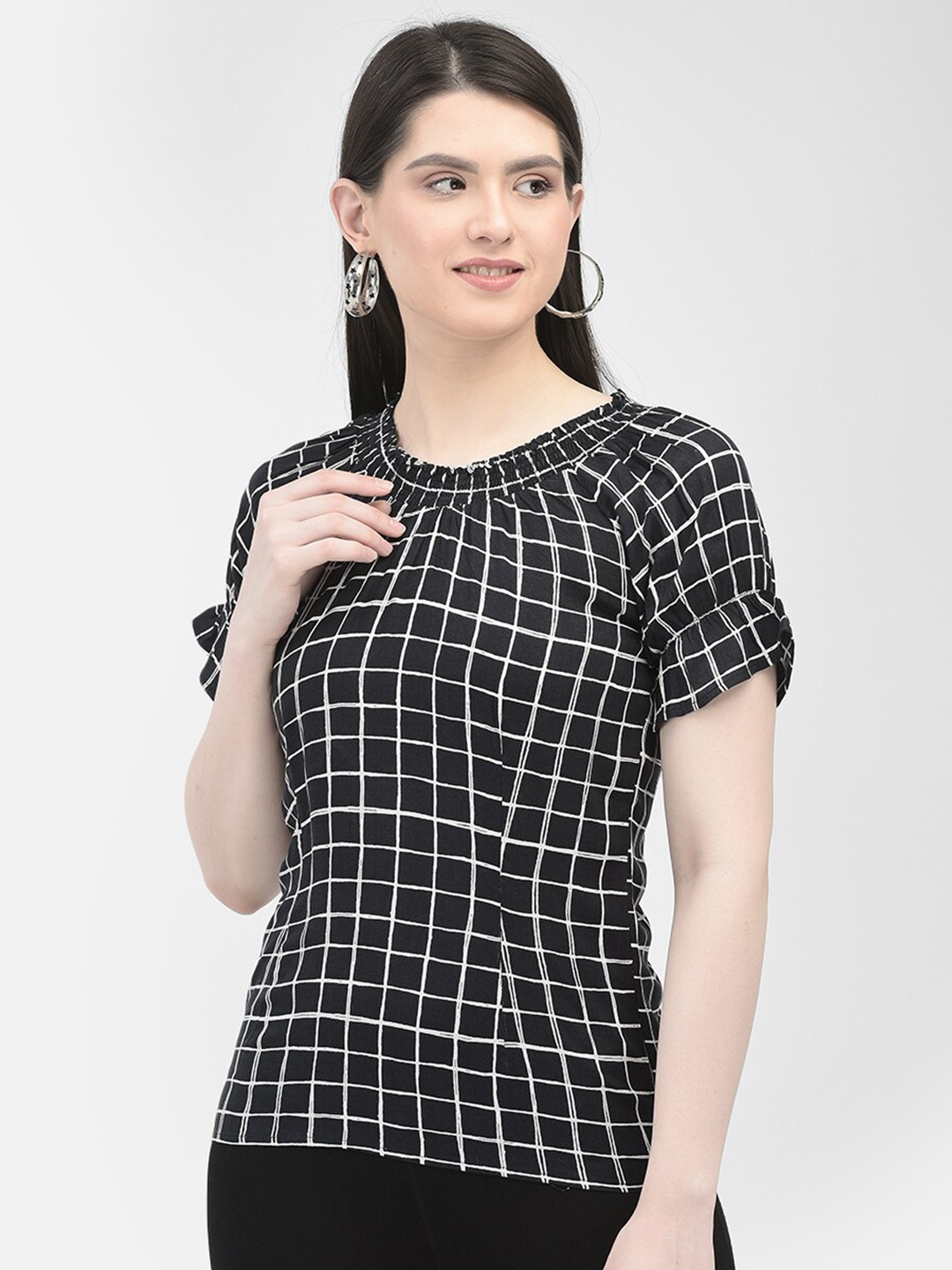 

Eavan Checked Puff Sleeve Cotton Top, Black