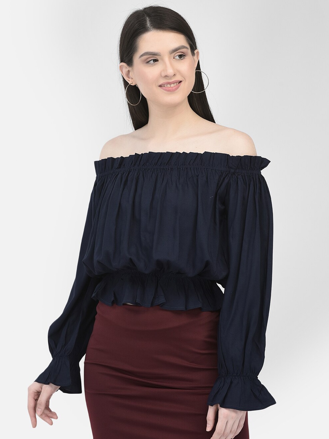 

Eavan Off-Shoulder Puff Sleeve Cotton Bardot Crop Top, Black