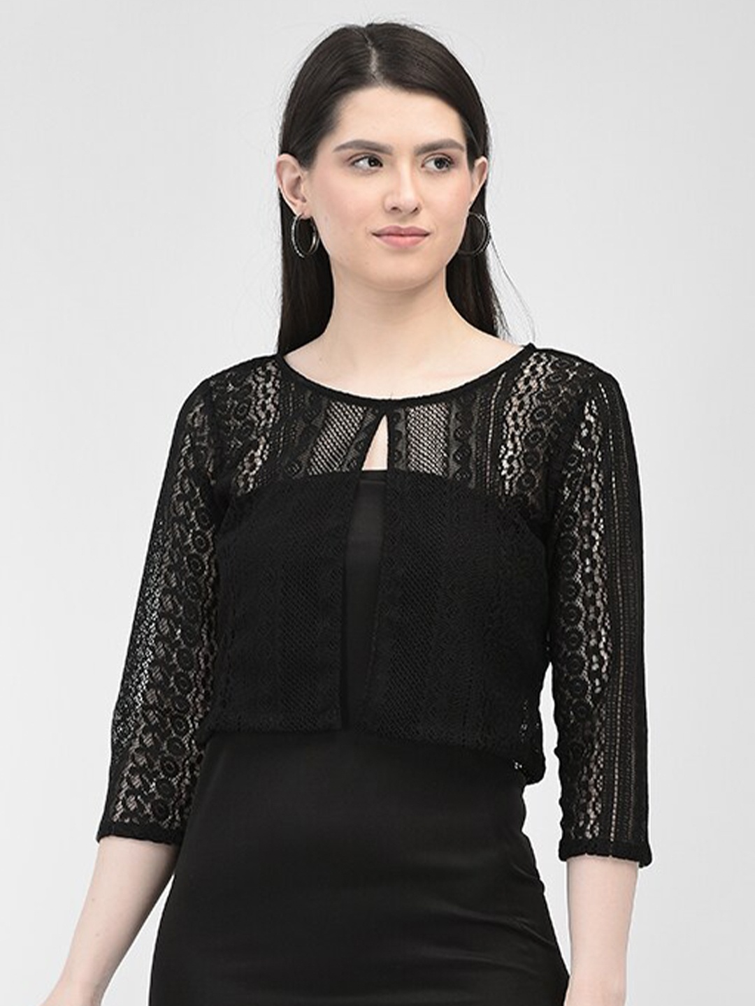 

Eavan Round Neck Long Sleeve Cotton Net Top, Black