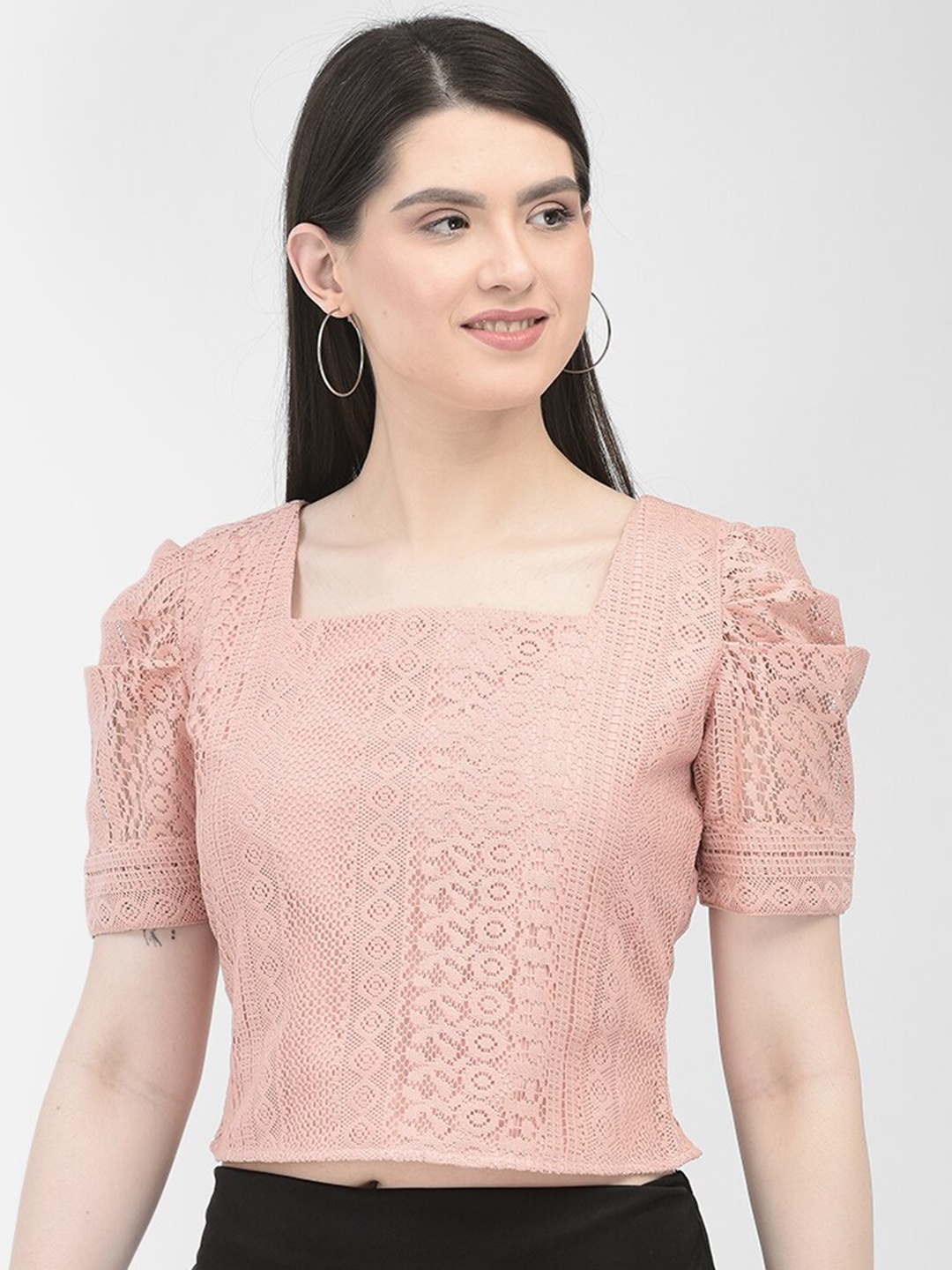 

Eavan Square Neck Puff Sleeve Net Top, Peach