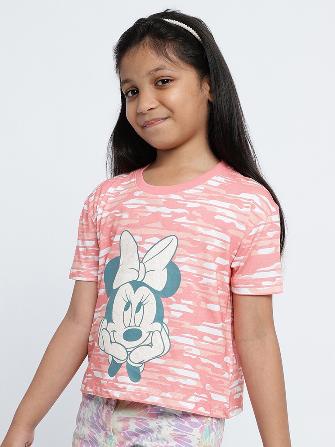 

METTLE Girls Mickey Mouse Printed Cotton T-shirt, Pink