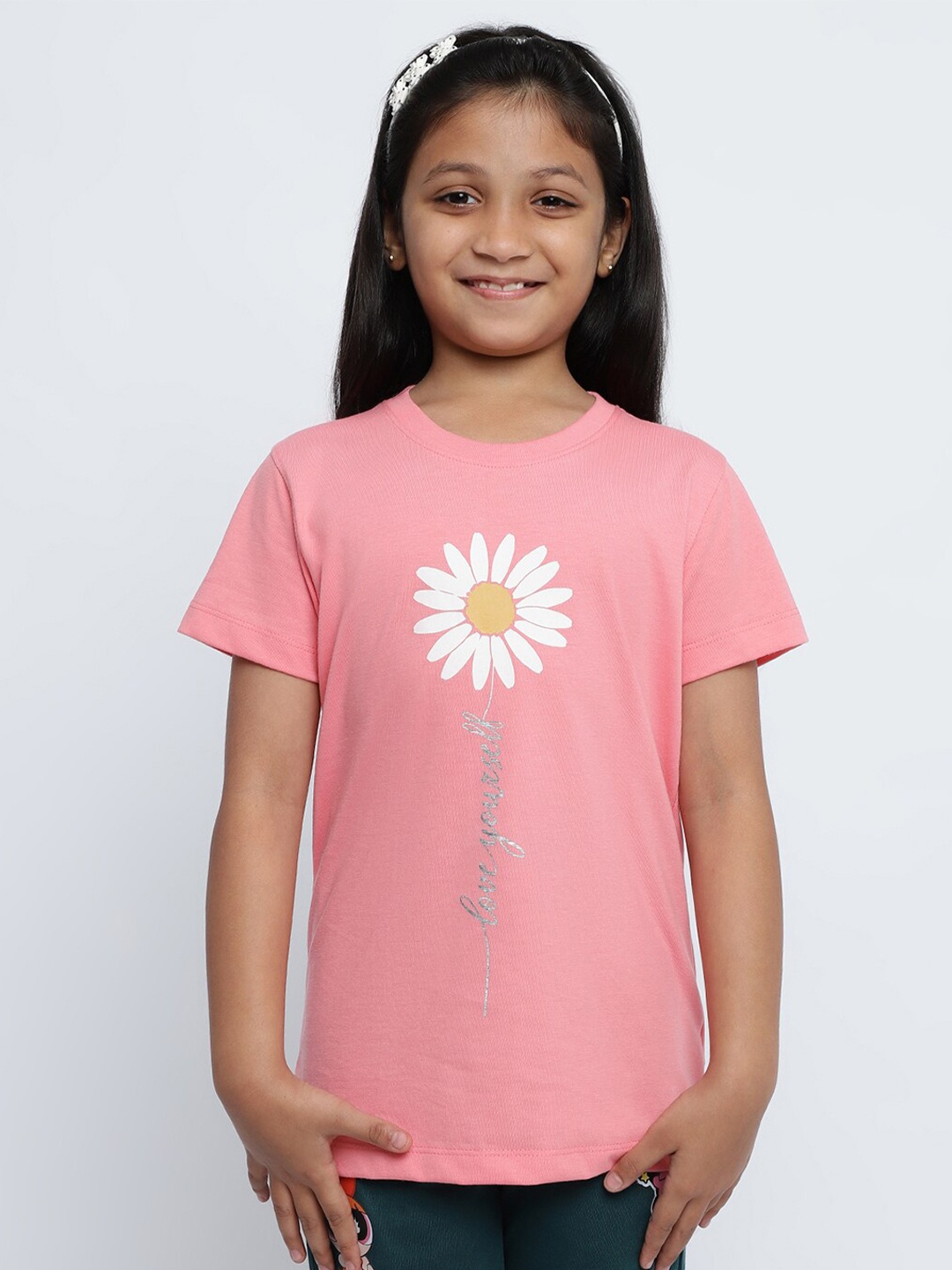 METTLE Girls Graphic Printed Round Neck Pure Cotton T-shirt, Pink