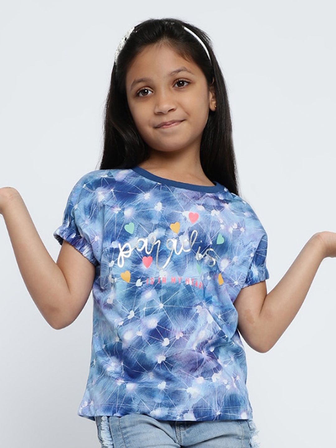 

METTLE Girls Conversational Printed Round Neck Cotton Regular Fit T-shirt, Blue