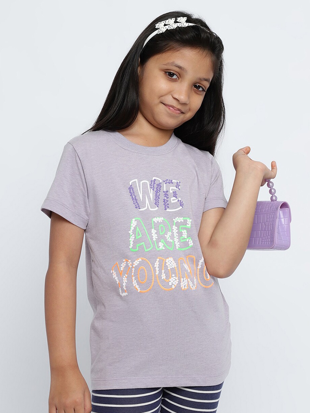 

METTLE Girls Typography Printed Round Neck Cotton Regular Fit T-shirt, Purple
