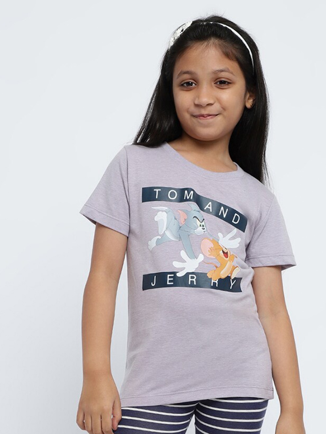 

METTLE Girls Tom & Jerry Printed Round Neck Cotton Regular Fit T-shirt, Purple