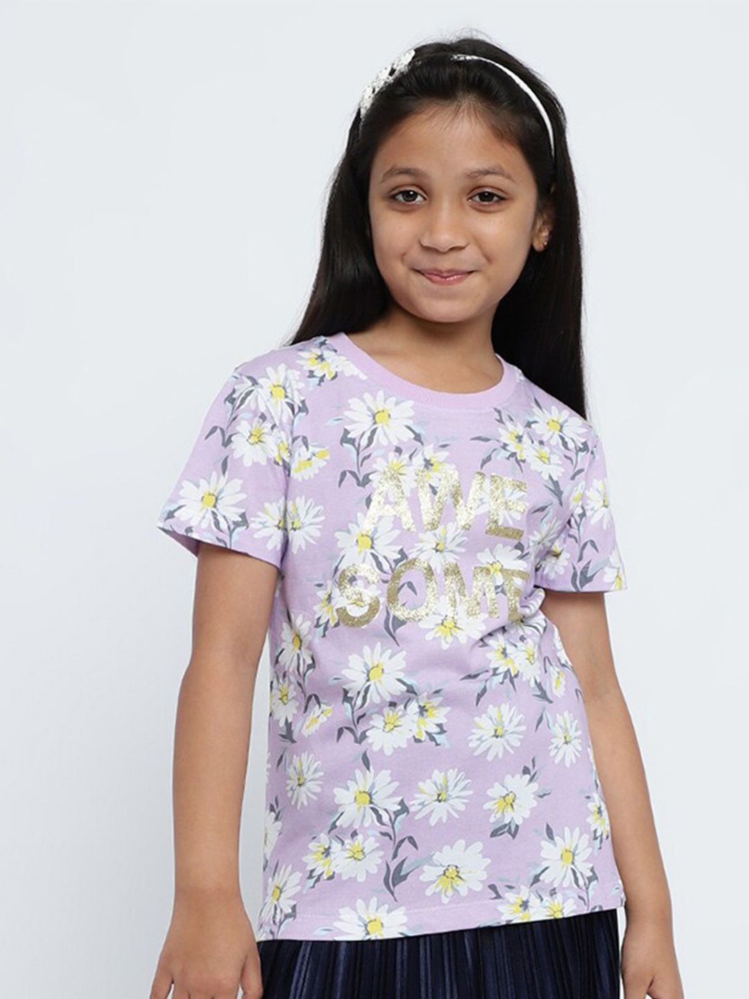 

METTLE Girls Floral Printed Embellished Cotton Casual T-Shirt, Lavender
