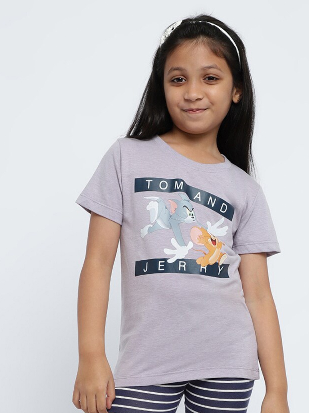 

METTLE Girls Graphic Tom & Jerry Printed Cotton Casual T-Shirt, Lavender