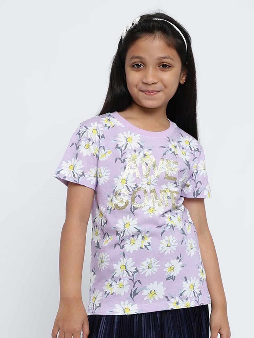 

METTLE Girls Floral Printed Cotton T-shirt, Purple