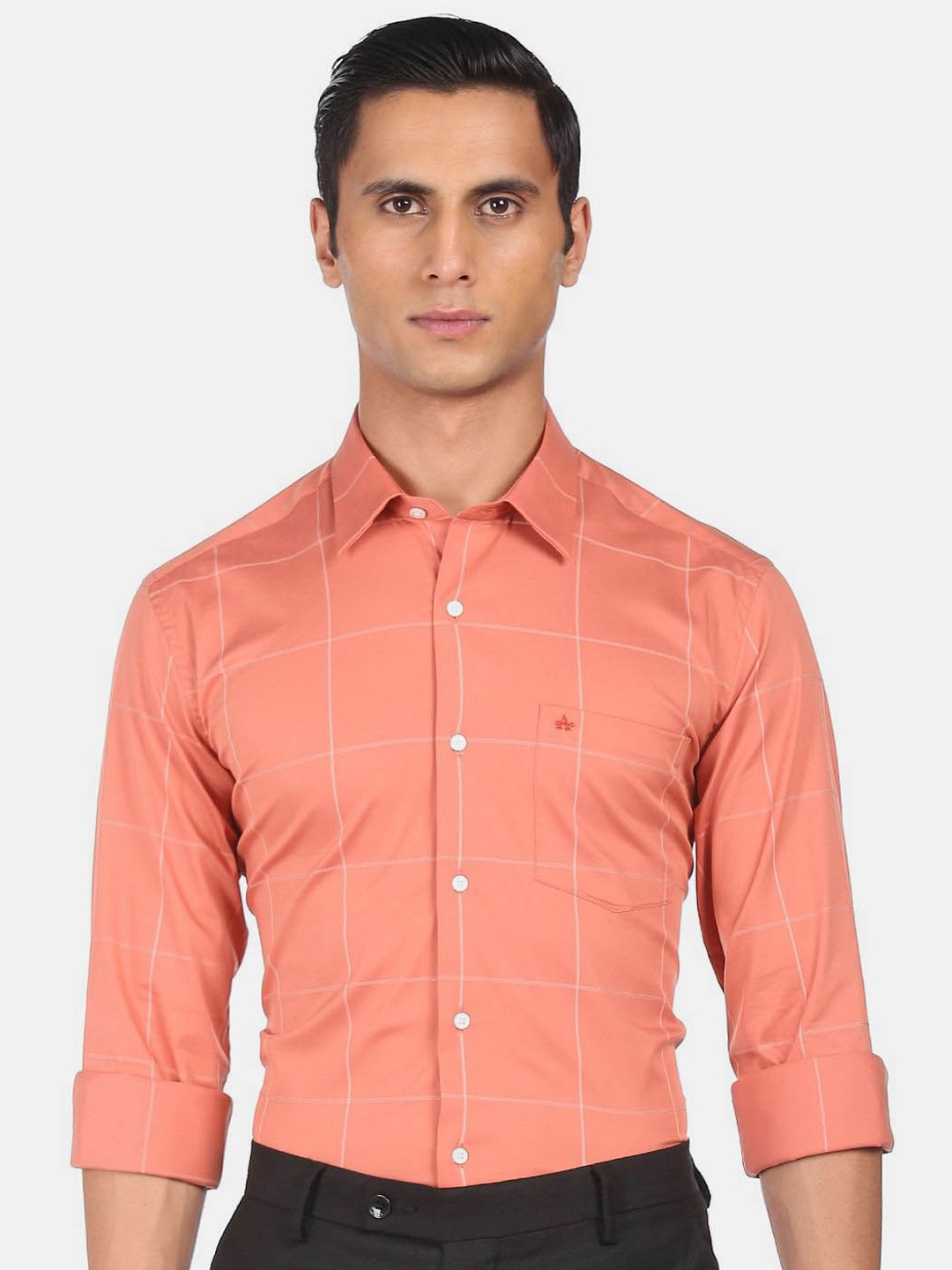 

Arrow New York Slim Fit Windowpane Checked Formal Shirt, Orange