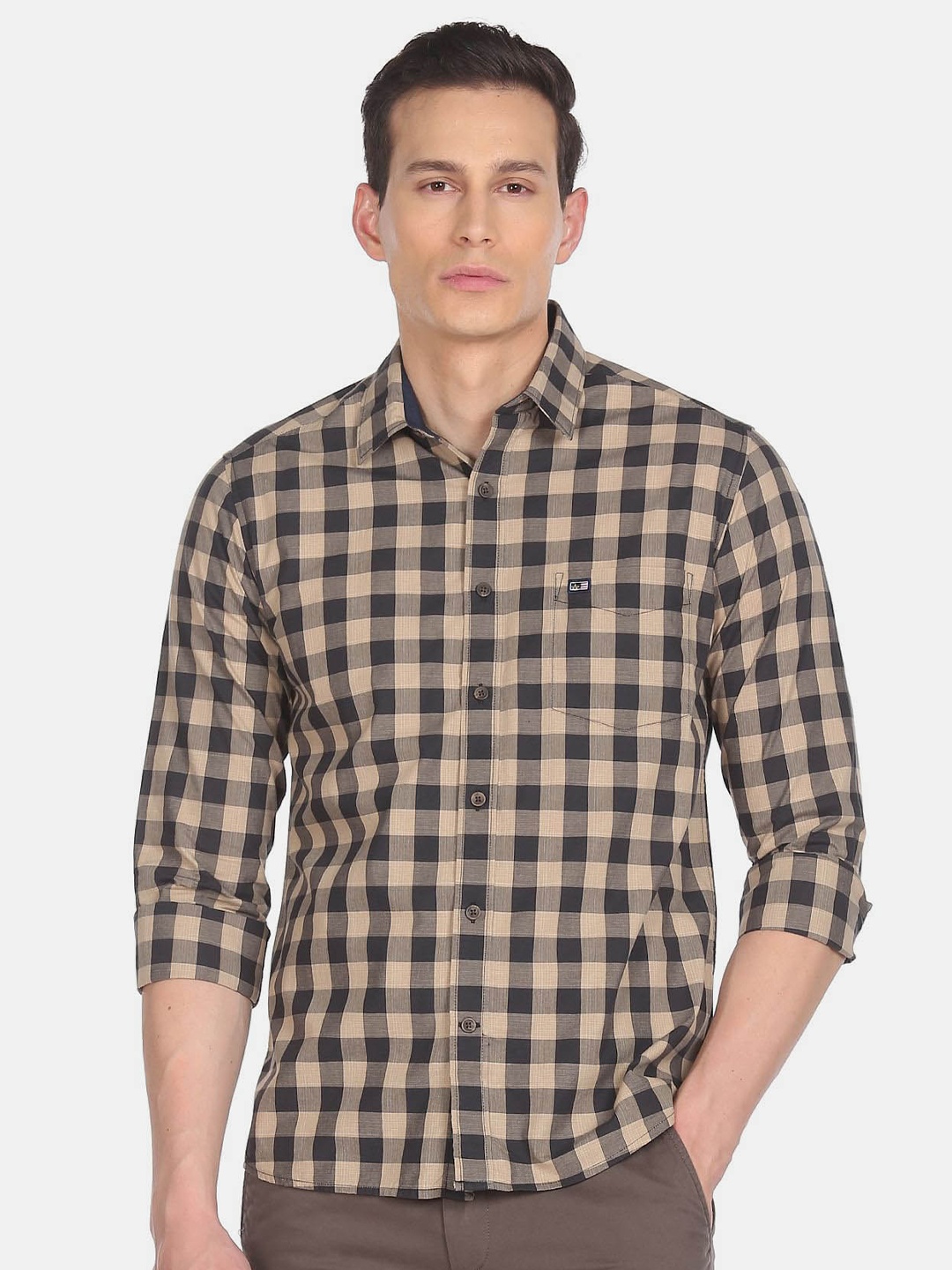 

Arrow Sport Slim Fit Opaque Checked Cotton Casual Shirt, Beige