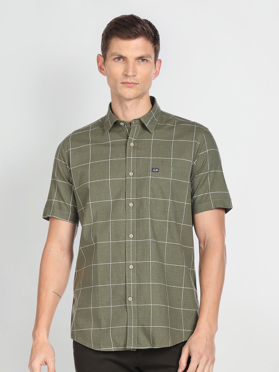 

Arrow Sport Windowpane Checked Pure Cotton Casual Shirt, Green