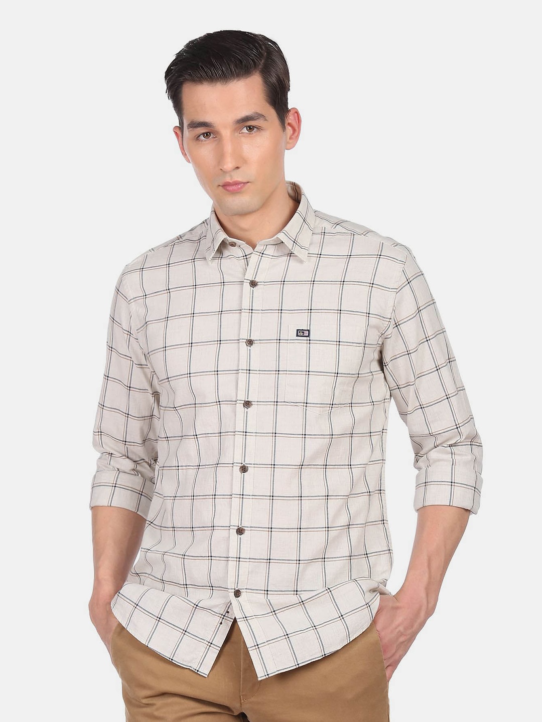 

Arrow Sport Manhattan Slim Fit Windowpane Checks Cotton Shirt, Beige
