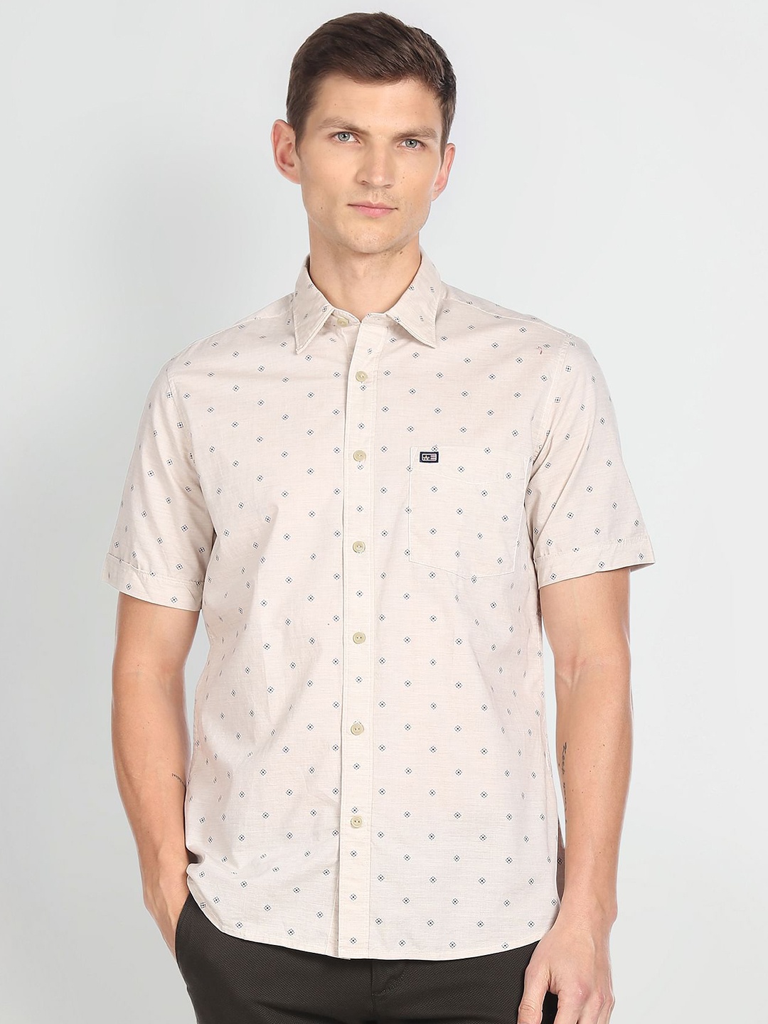 

Arrow Sport Micro Ditsy Printed Pure Cotton Casual Shirt, Beige