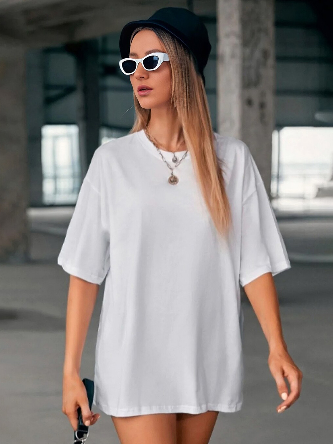 

Styched Round Neck Drop Shoulder Cotton T-Shirt Mini Dress, White