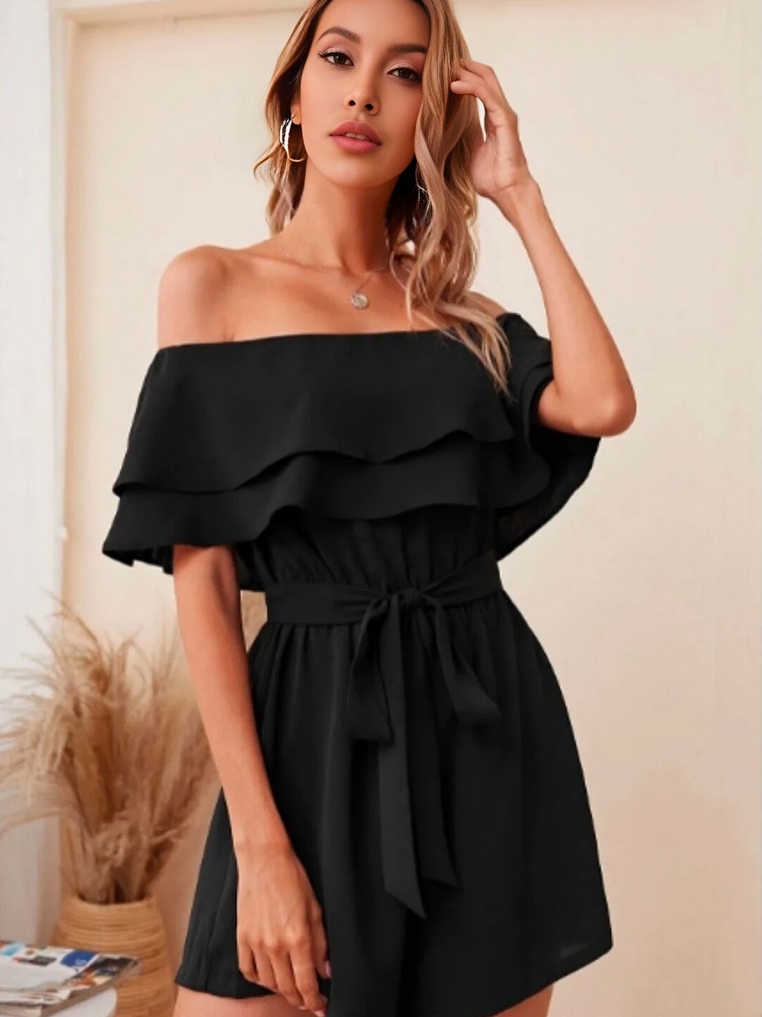 

Styched Off-Shoulder Ruffles Flutter Sleeve Georgette Fit & Flare Dress, Black