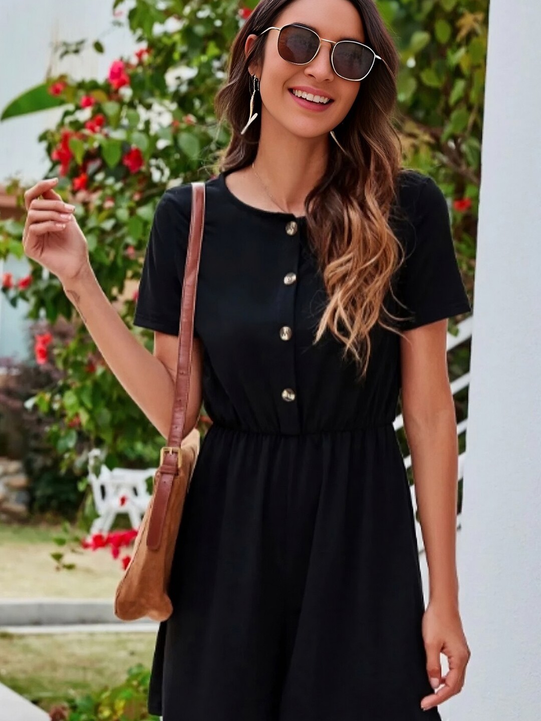 

Styched Round Neck Front Button Playsuit, Black