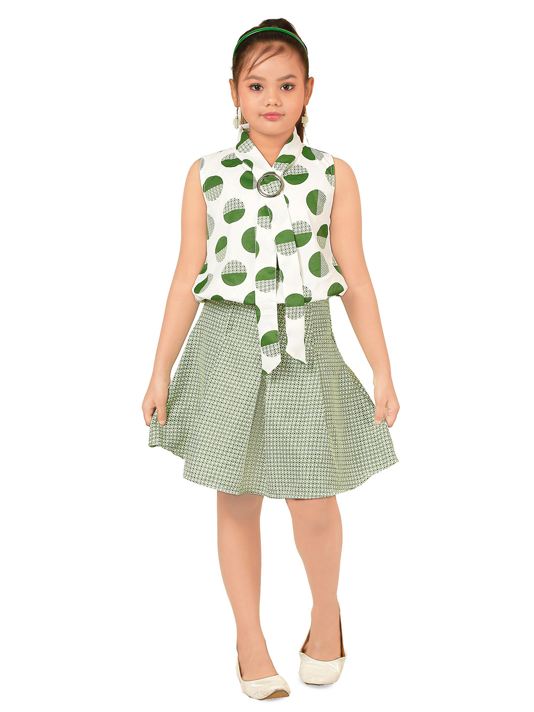 

BAESD Girls Geometric Printed Crepe Fit & Flare Dress, Green