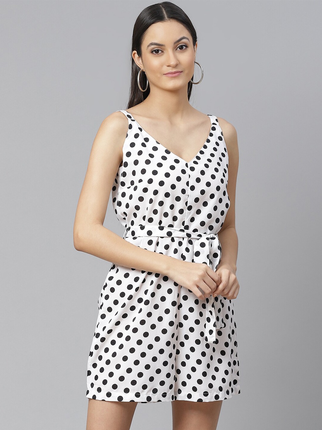 

Sleek Italia Polka Dots Printed Waist Tie-Up Playsuit, White