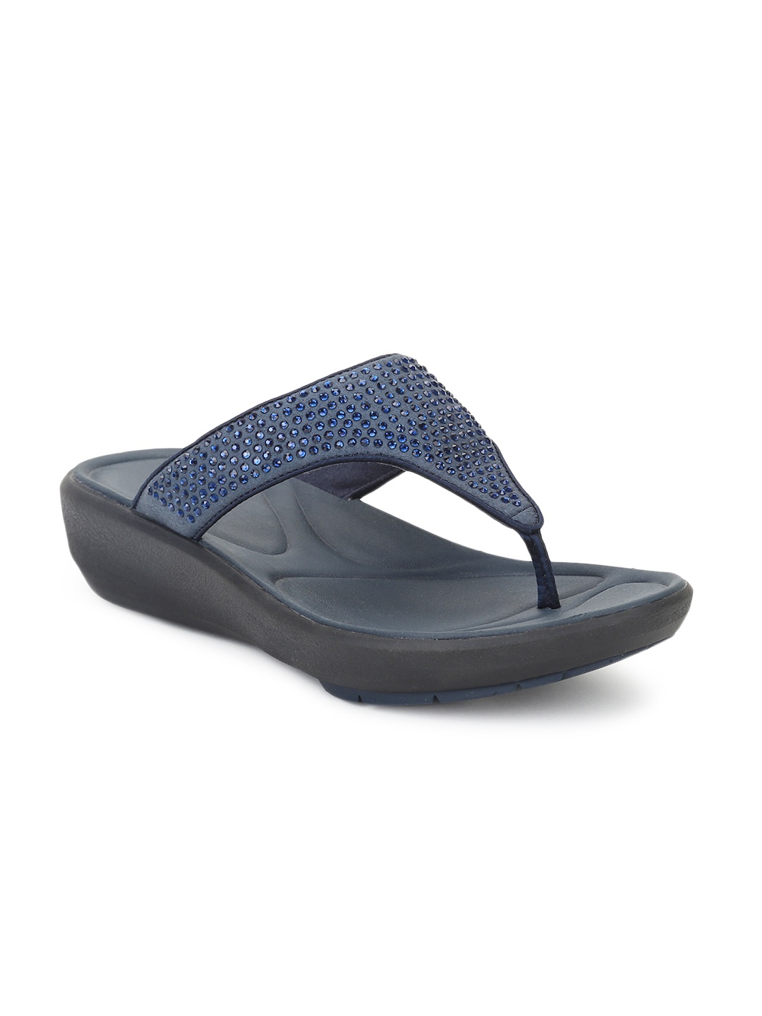 

Clarks Women Navy Embellished T-Strap Flats, Navy blue