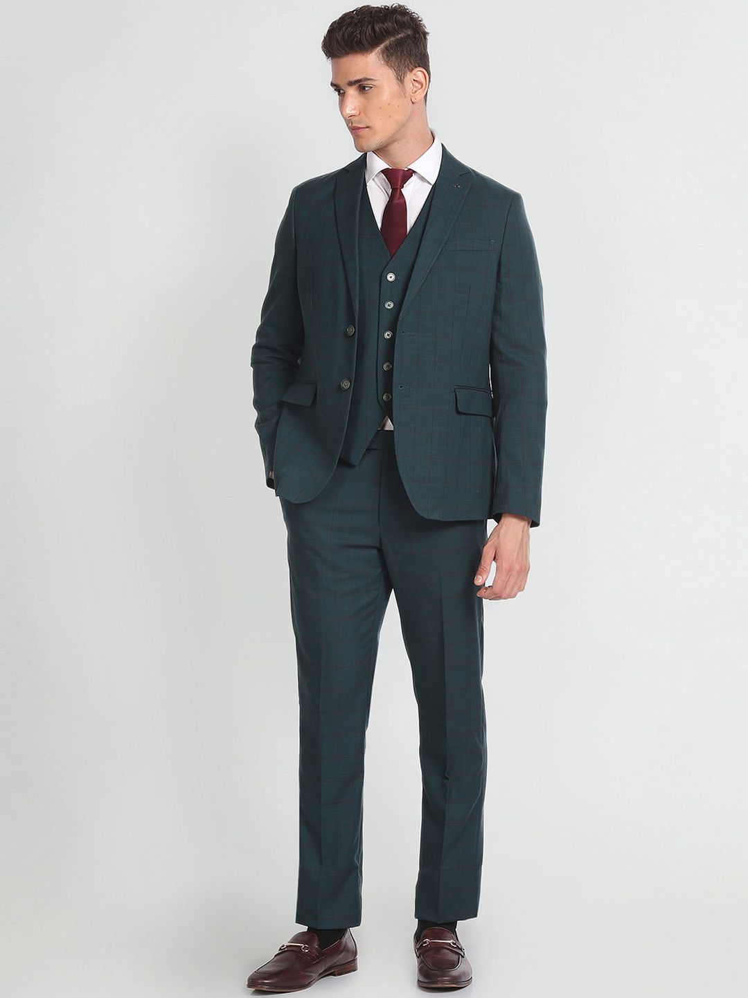

Arrow Windowpane Checks Single-Breasted 3-Pieces Formal Suit, Green