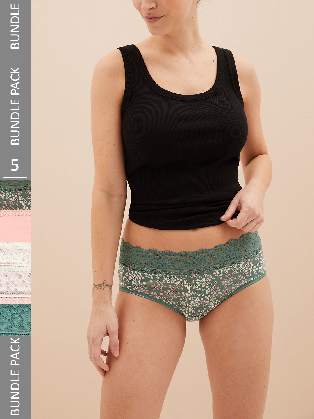 

Marks & Spencer Women Pack Of 5 Self-Design Basic Lace Briefs T615184EWILLOW GREEN