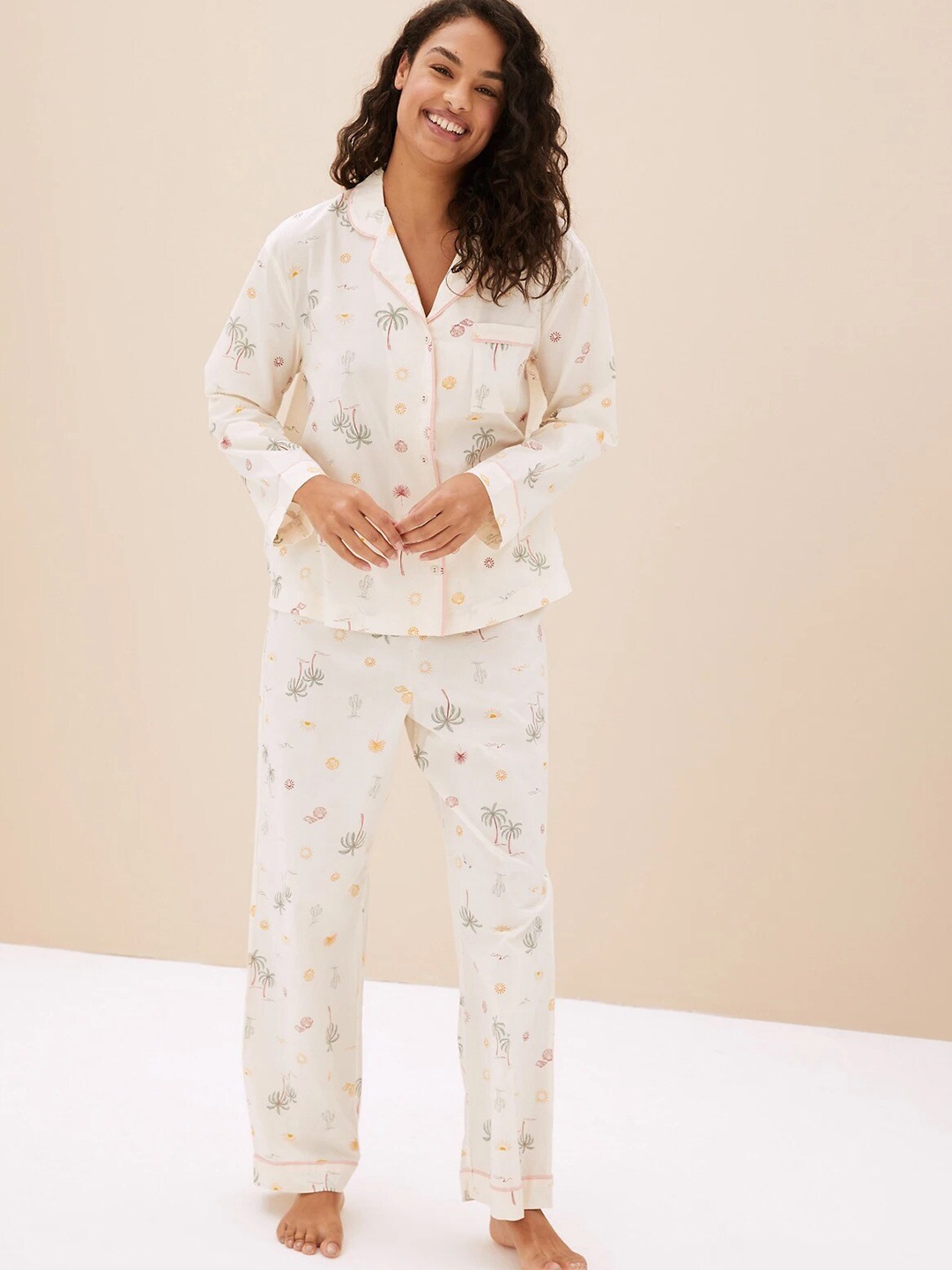 

Marks & Spencer Floral Printed Pure Cotton Night suit, Off white