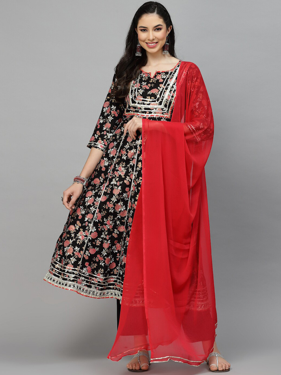 

Stylum Floral Printed Empire Gotta Patti Kurta with Trousers & Dupatta, Black