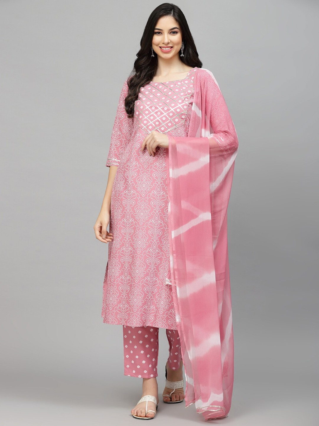 

Stylum Bandhani Printed Regular Gotta Patti Kurta with Trousers & Dupatta, Pink