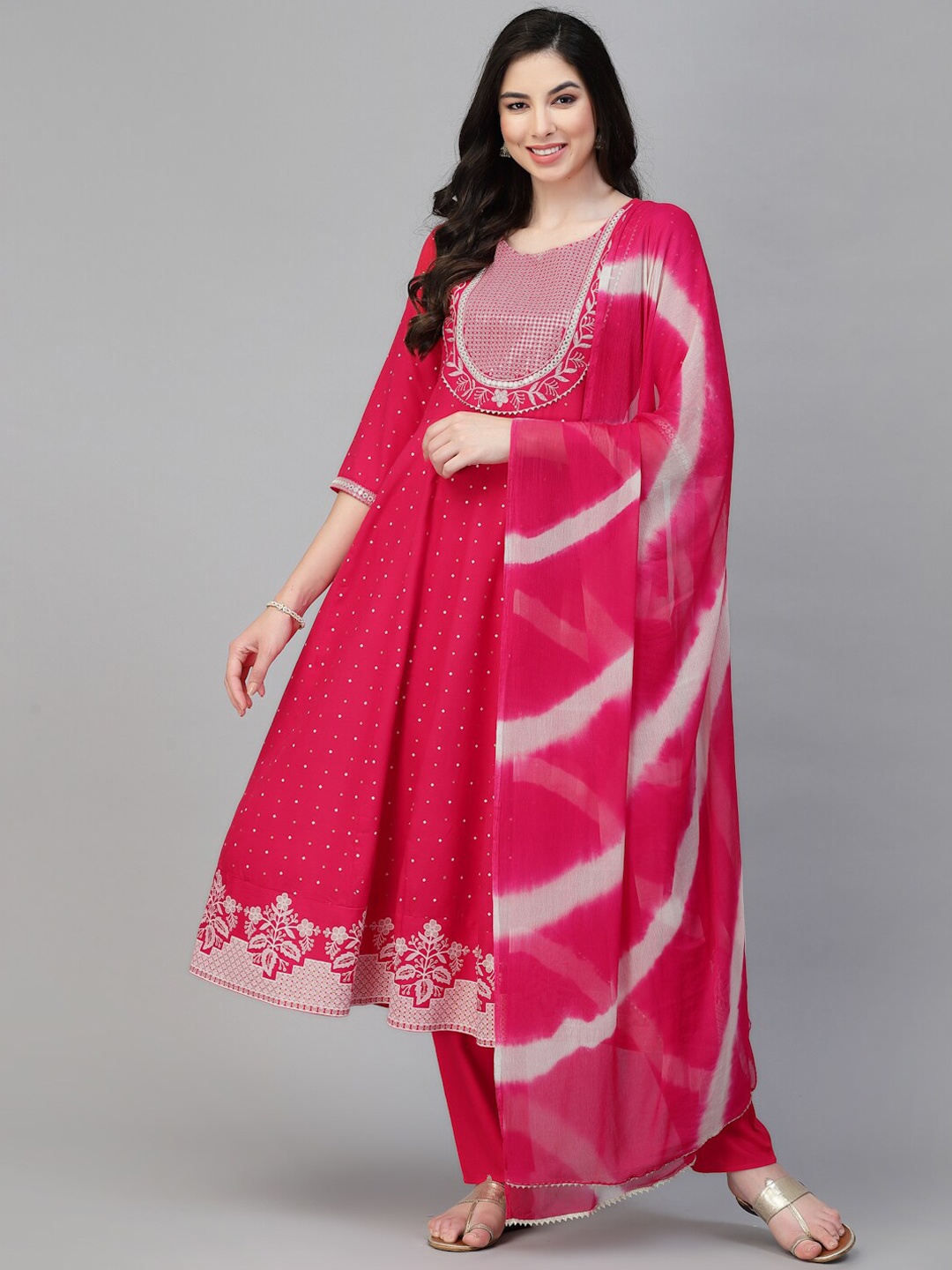 

Stylum Floral Embroidered Empire Thread Work Kurta with Trousers & Dupatta, Pink