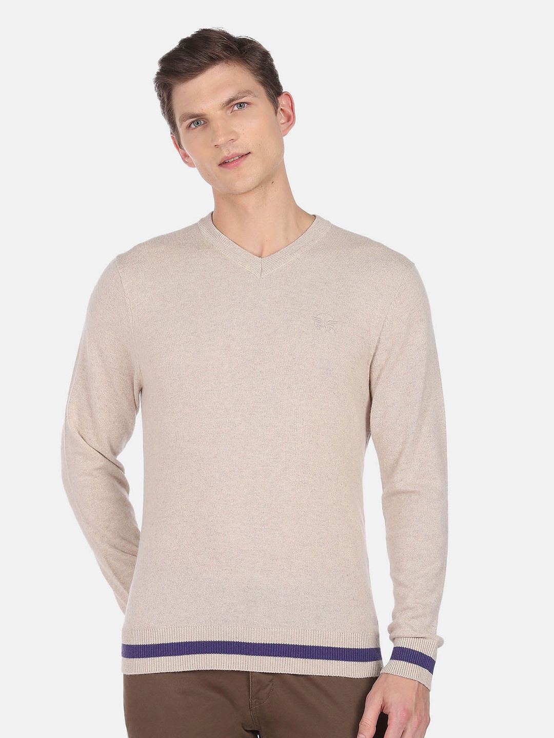 

Arrow V-Neck Long Sleeves Pullover, Beige