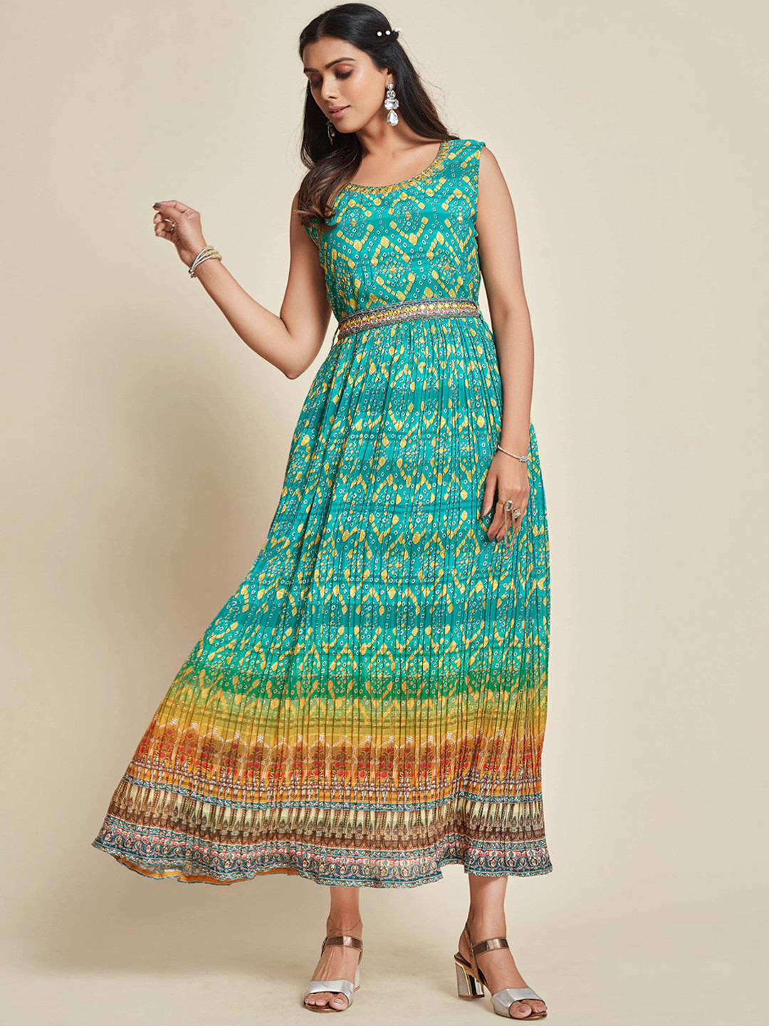 

Sangria Bandhani Printed Pleated Belted Ethnic Dress, Green