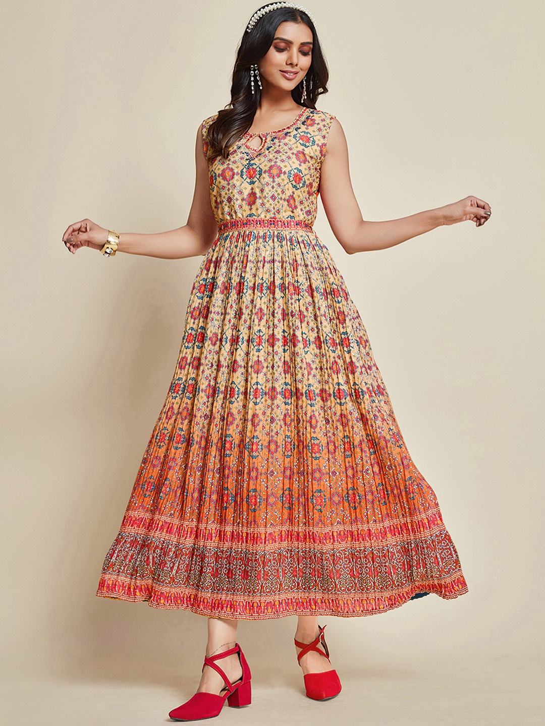 

Sangria Floral-Printed Ethnic Dresses, Beige