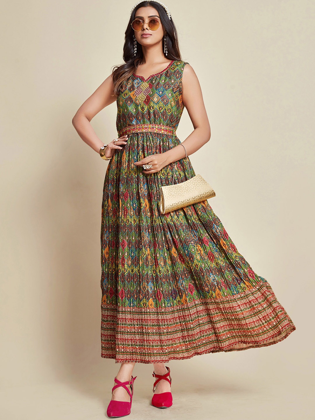 

Sangria Ethnic Motif-Printed Maxi Ethnic Dresses, Green