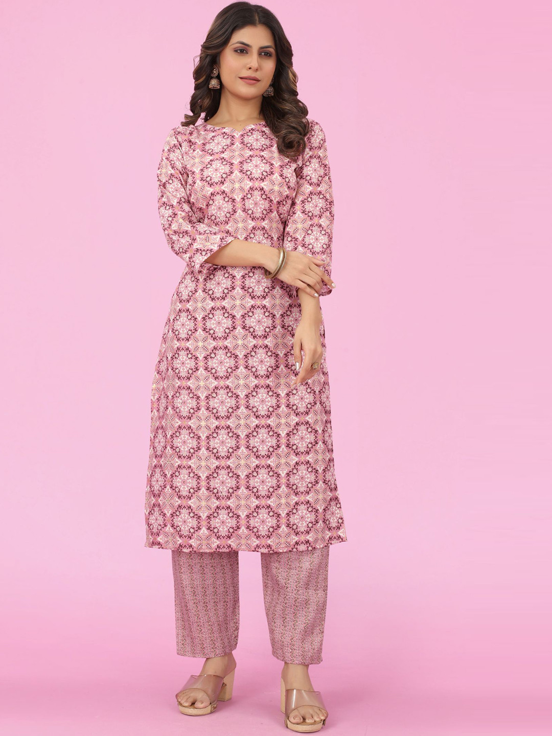 

KALINI Ethnic Printed Straight Kurta With Trousers, Pink