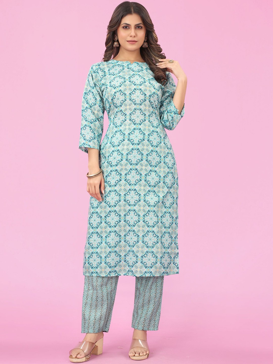 

KALINI Ethnic Printed Straight Kurta With Trousers, Turquoise blue